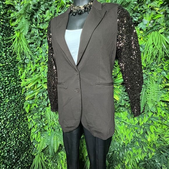 Diane Gilman Women Jacket Medium Brown Sequin Sleeve Blazer Relaxed Fit DG2 - Picture 5 of 11